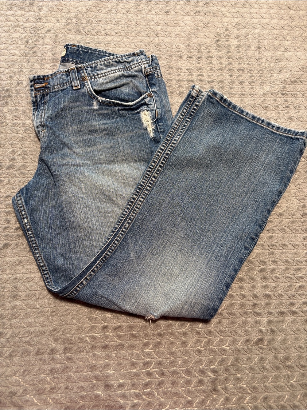 Buckle Women's Flared Mid Blue Jeans with Subtle Distress 33” by 29.5” or 12S